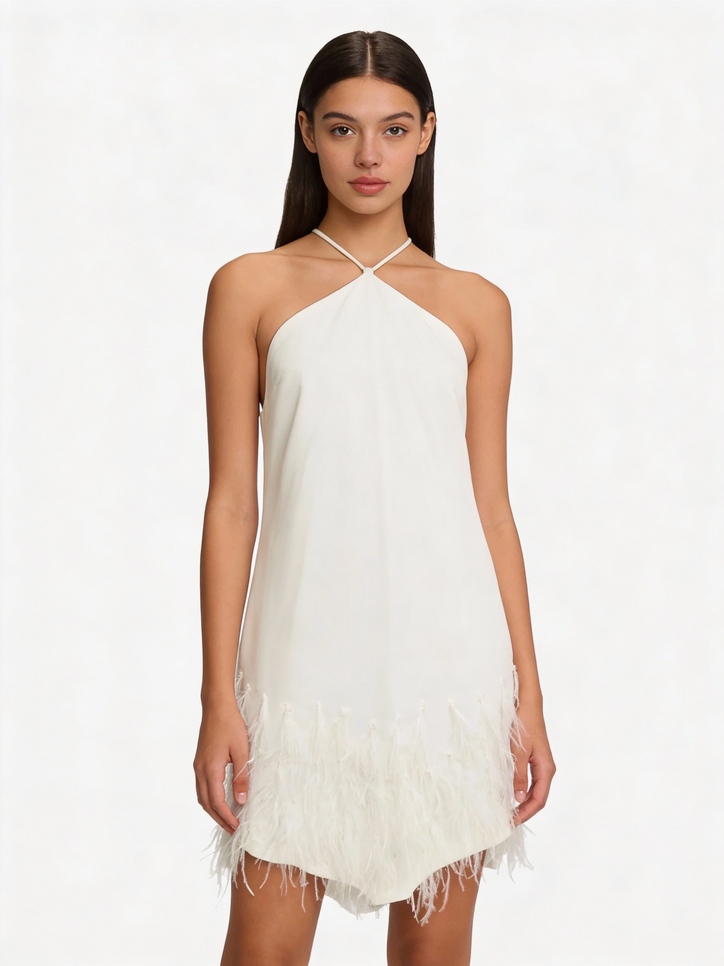 White Feather-Trim Dress