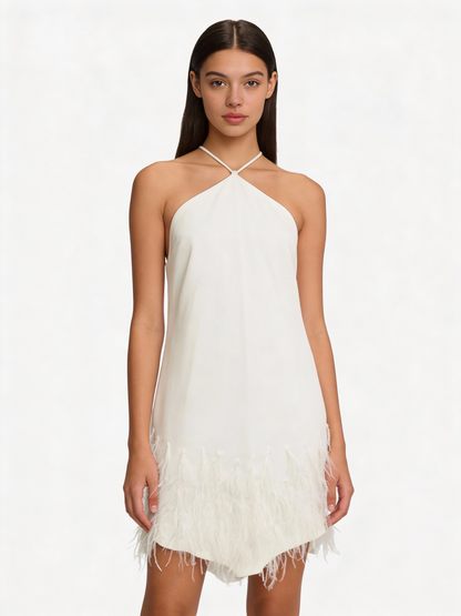 White Feather-Trim Dress