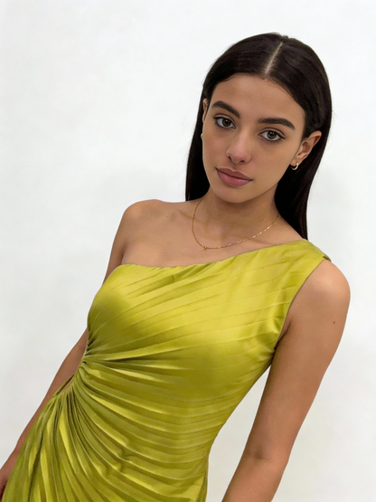 Green Pleated Off Shoulder Gown - Escoll