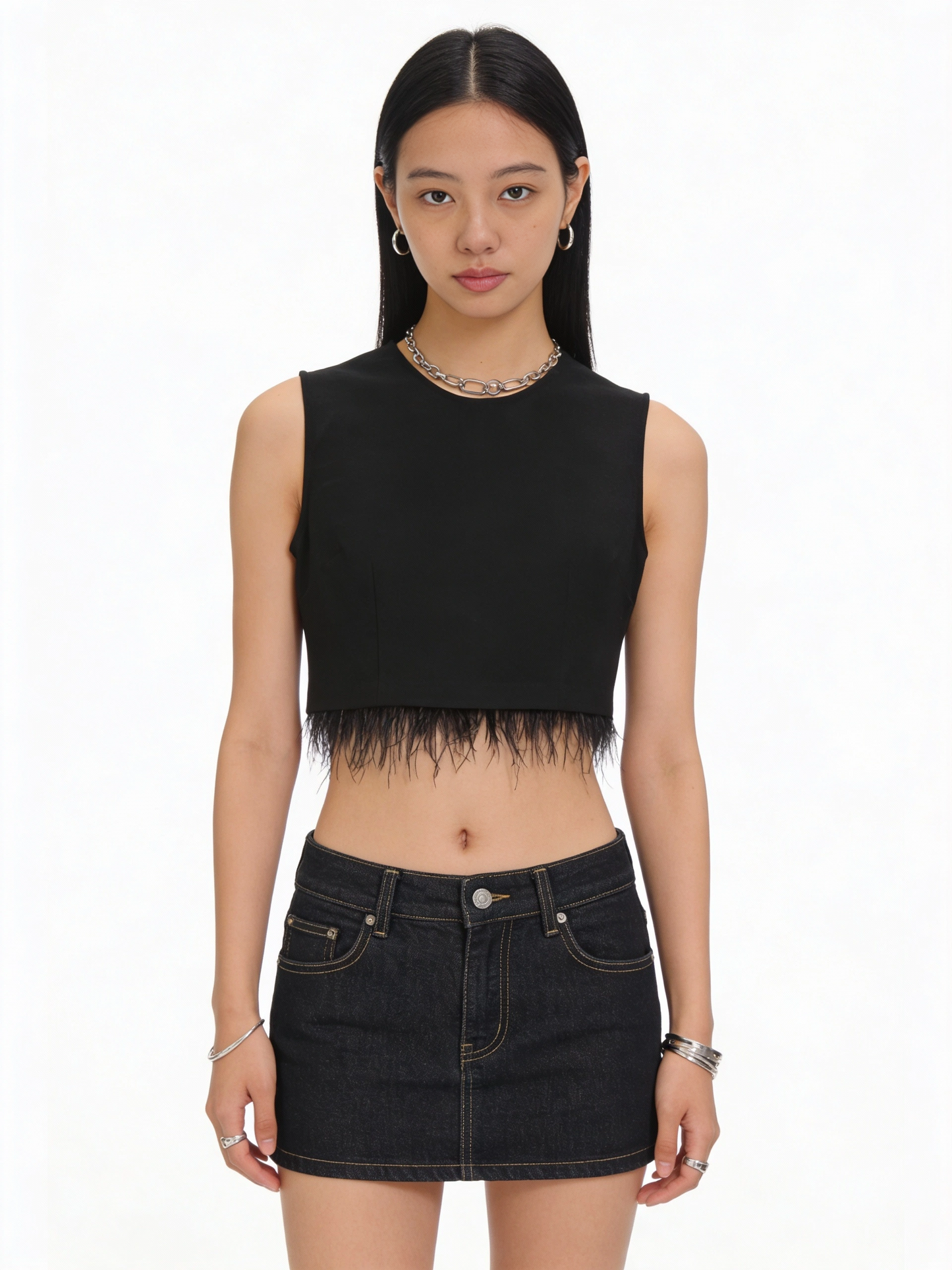 Black Feather Trim Crop Top