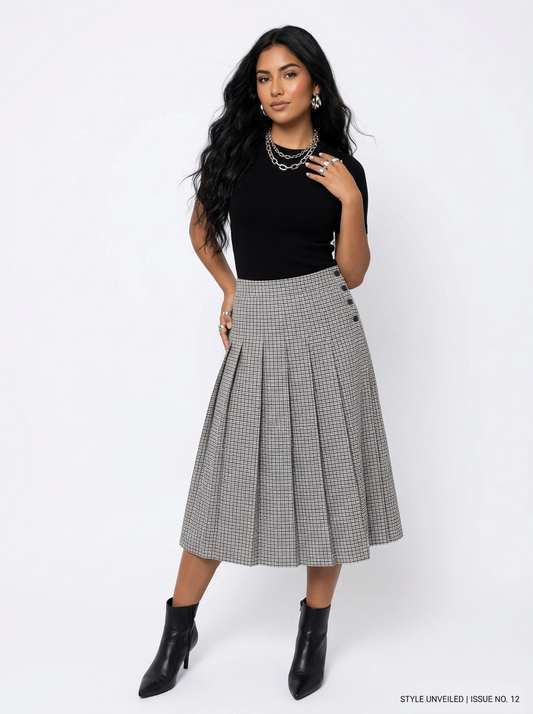 Grey Gingham Pleated Skirt - Ottodame
