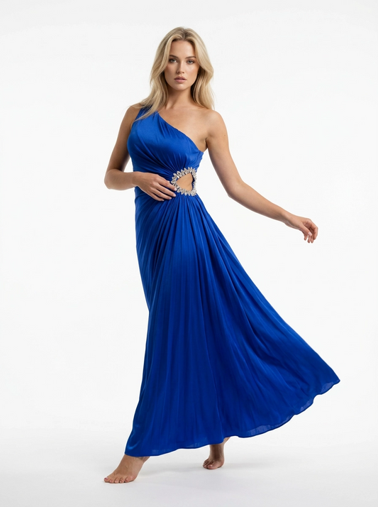 Blue Pleated Embellished Dress - Escoll