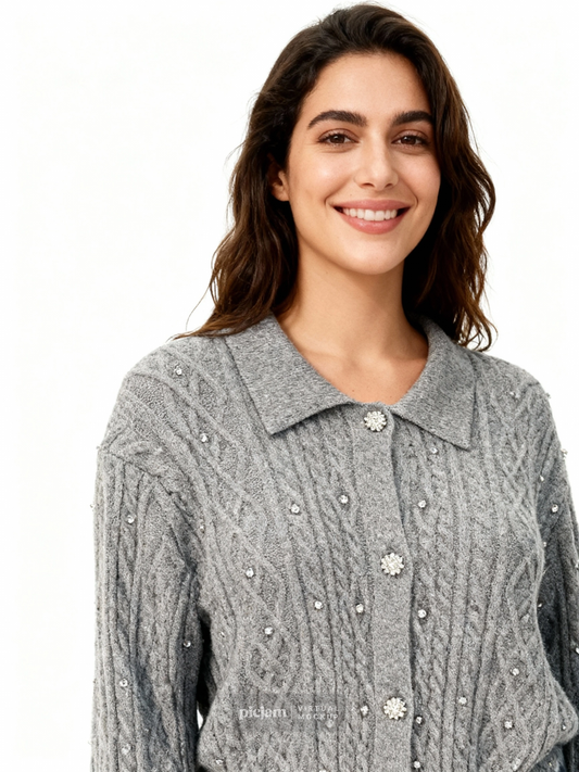 Crystal Studded Cable-Knit Cardigan, Grey