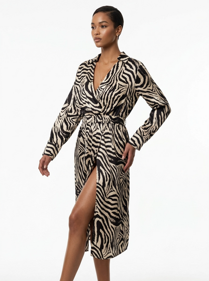Zebra Print Satin Wrap Dress - Setre
