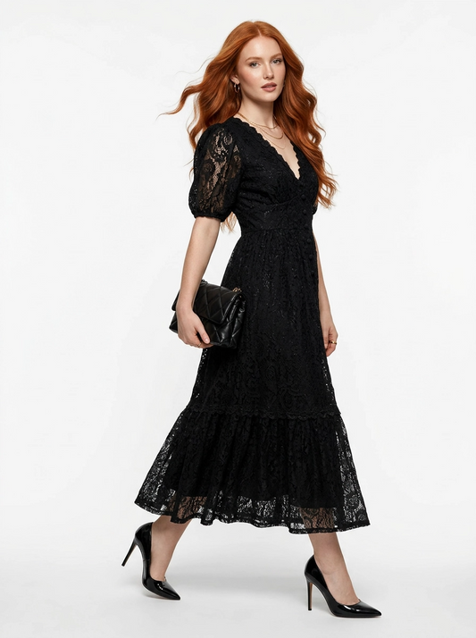 Black Lace Mid-Length Dress