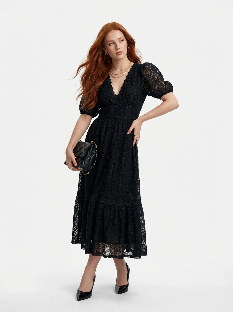 Black Lace Mid-Length Dress