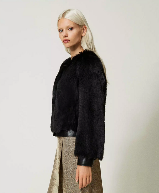 Black Faux Fur Jacket with Leather Trim - Twinset