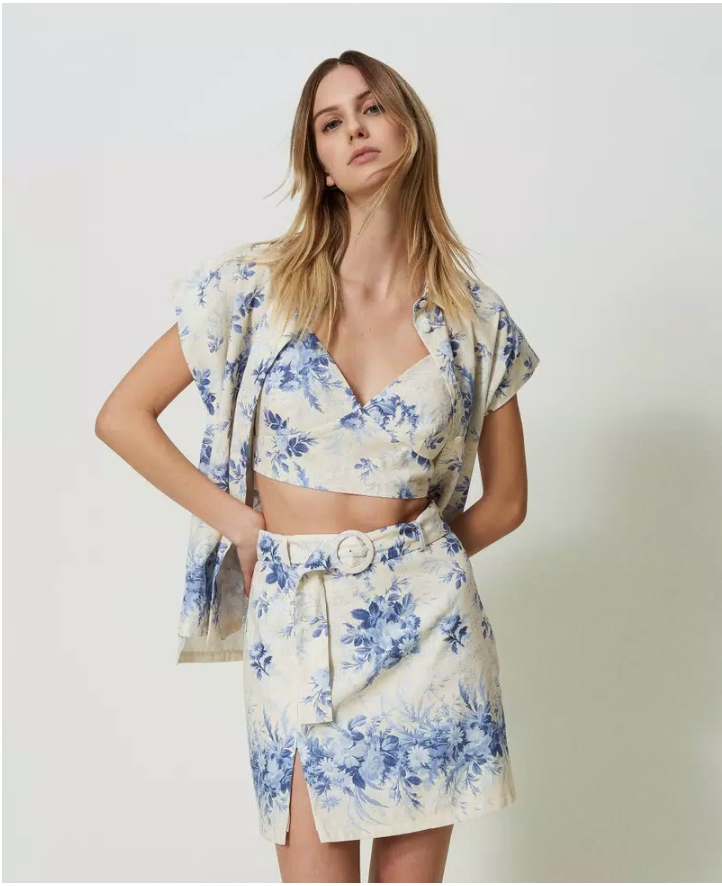 Twinset - Linen blend miniskirt with floral print