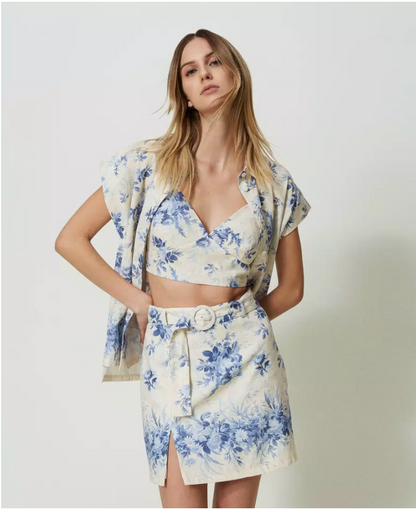 Twinset - Linen blend miniskirt with floral print