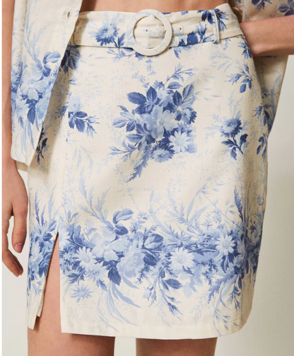 Twinset - Linen blend miniskirt with floral print
