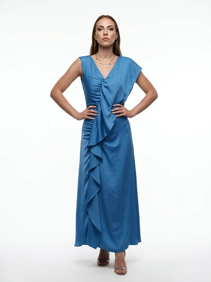 Ruffle Maxi Blue Dress - Eleria Cortes