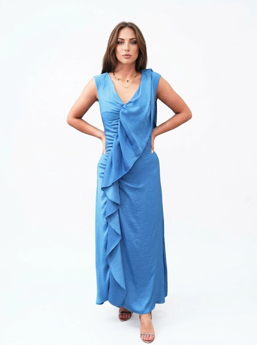 Ruffle Maxi Blue Dress - Eleria Cortes