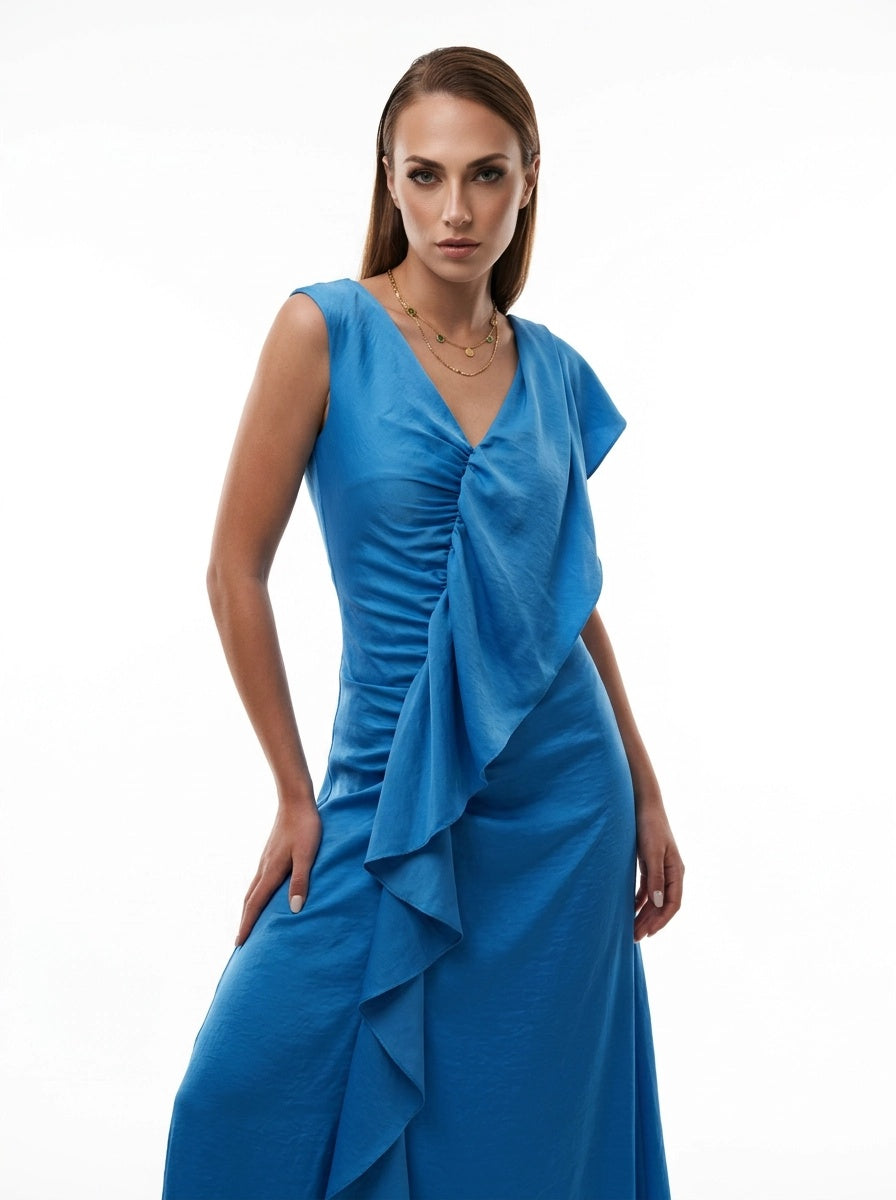 Ruffle Maxi Blue Dress - Eleria Cortes